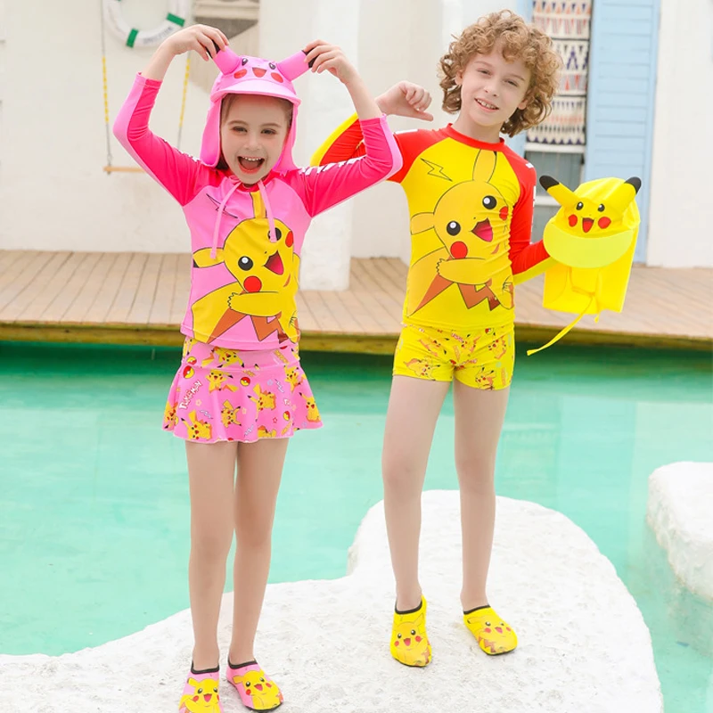 New Children's Swimsuit Brother and Sister Swimsuit Cute Cartoon Pikachu Men's and Women's Treasure with Hat Birthday Gift