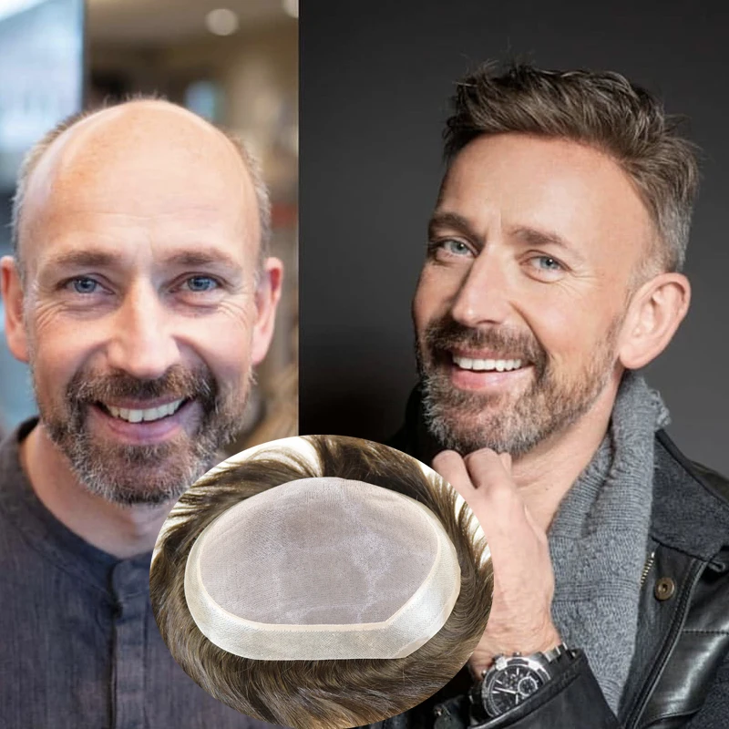 Прочный мужской парик Коричневый блондин 100% человеческие волосы Дышащий Моно