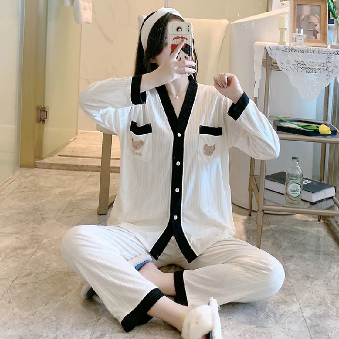 CAIYIER Autumn Winter Cardigan Women Sleepwear V-Neck Long Sleeve Casual Nightwear Girls Soft Feamle Pajamas Set Sleep & Lounge