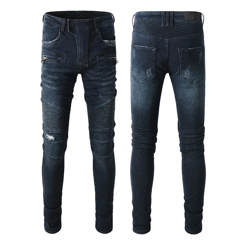 

New Luxury Brand Men's Blue fashion brand elastic Slim Fit Jeans small foot motorcycle Multi Pocket pants Motorcycle Stretch