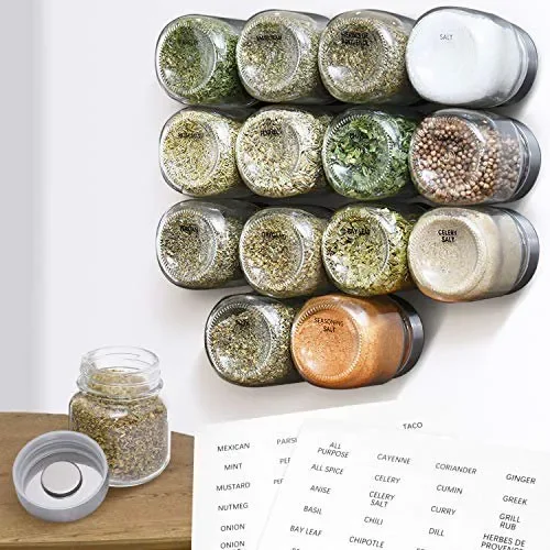 

[15 Pack] Large 4oz Magnetic Spice Jars - Glass - Fridge Mounted Spice Jars - Spice Rack - Stylish Spice Storage