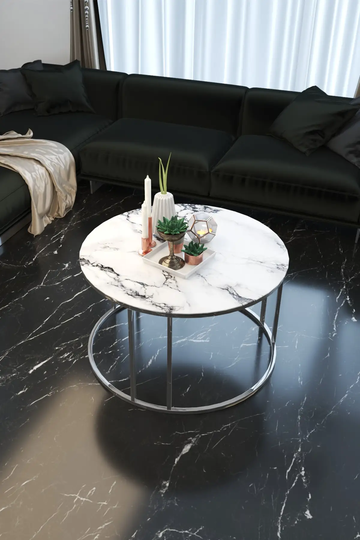 

Marble Pattern Unbreakable Glass Silver Metal Zigon And Medium Tripod Suit coffee table coffee tables table basse furniture living room table