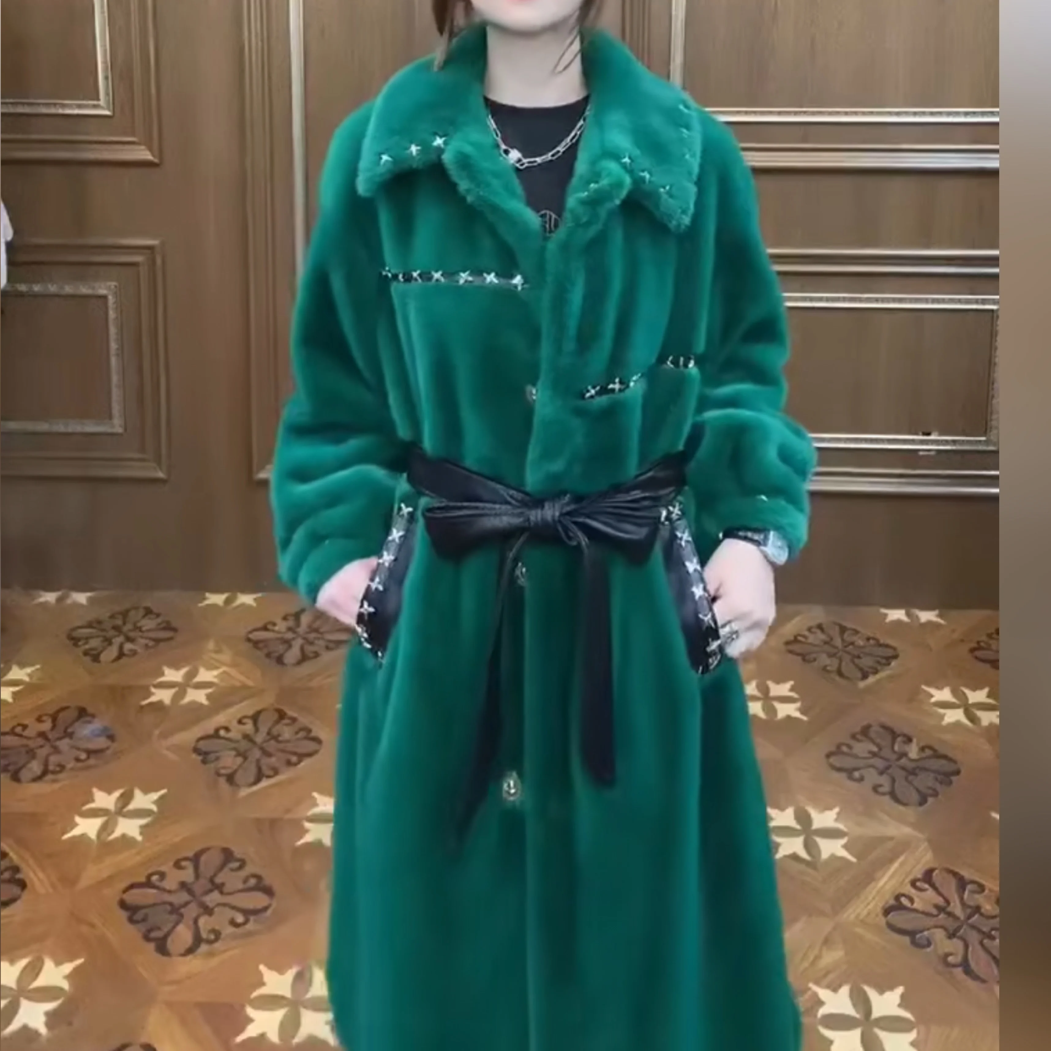 Faur Fur Long Sleeve Coat Female Toka Double Face Wool Leather Warm Heavy Embroidery Sequins Casual Trend Fashion Jacket Winter