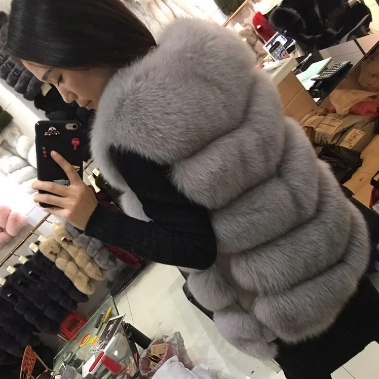 Women's Fur Vest Mid-Length Autumn and Winter Faux Fur Vest Women's Stitching Imitation Fox Fur Vest Faux Fur Coat