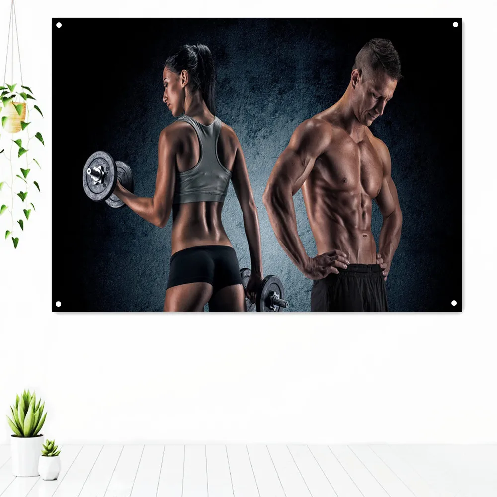 

Fitness Couple Banners Flags Wall Hanging Gym Wallpaper Canvas Painting Workout Bodybuilding Tapestry Home Decoration Gift T6