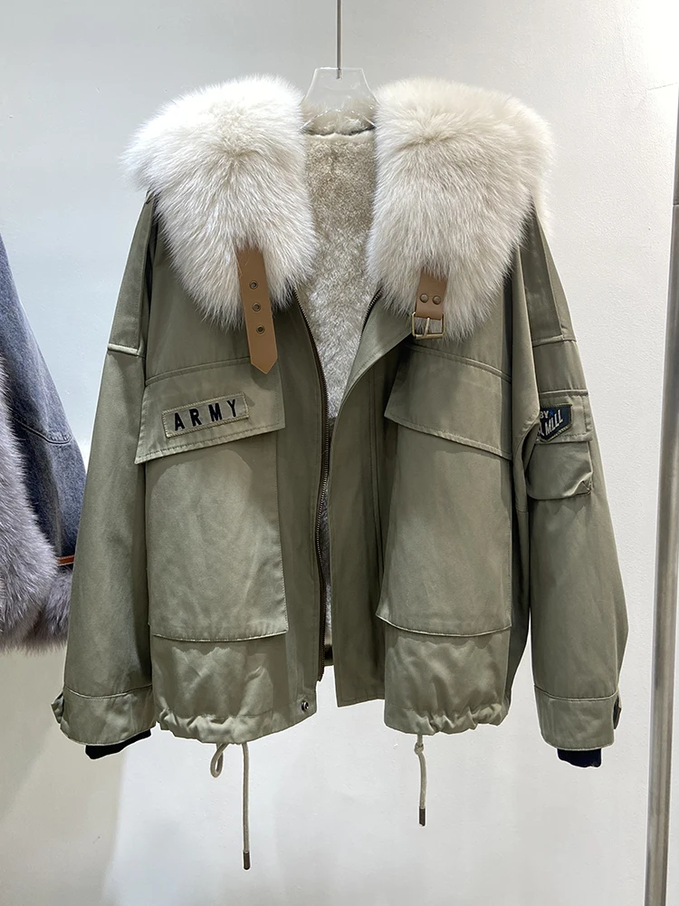 Women Winter Thick Real Fox Fur Collar Coat Full Real Rex Rabbit Fur Lining Removable Parka Jacket Oversize Winter Parka Jacket