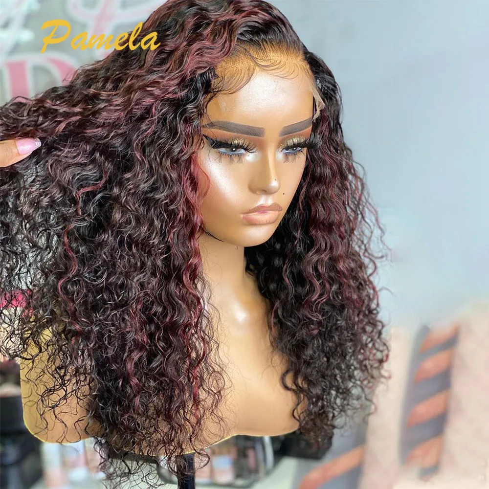 

Highlight Ombre 1b/99j Lace Front Human Wigs For Women Brazilian 13x4 Burgundy Curly Transparent lace Frontal Human Hair Wigs
