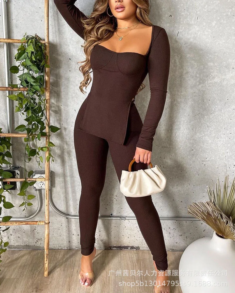 

2022 New Spring and Autumn New Women's Pants 2-piece Set, Tight Square Neck Slit Top + Pants Casual Suit