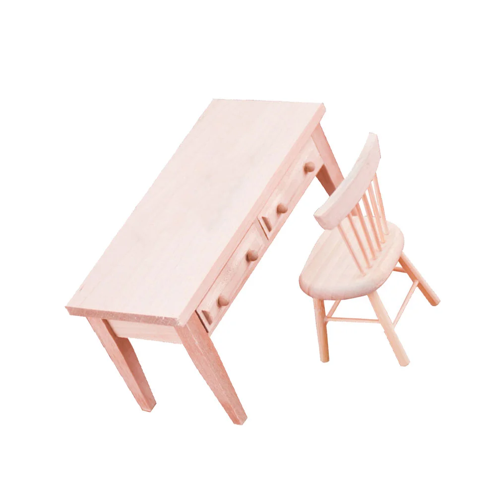 

House Furniture Miniature Desk Figurines Wooden Ornament Chair Small Bamboo Table