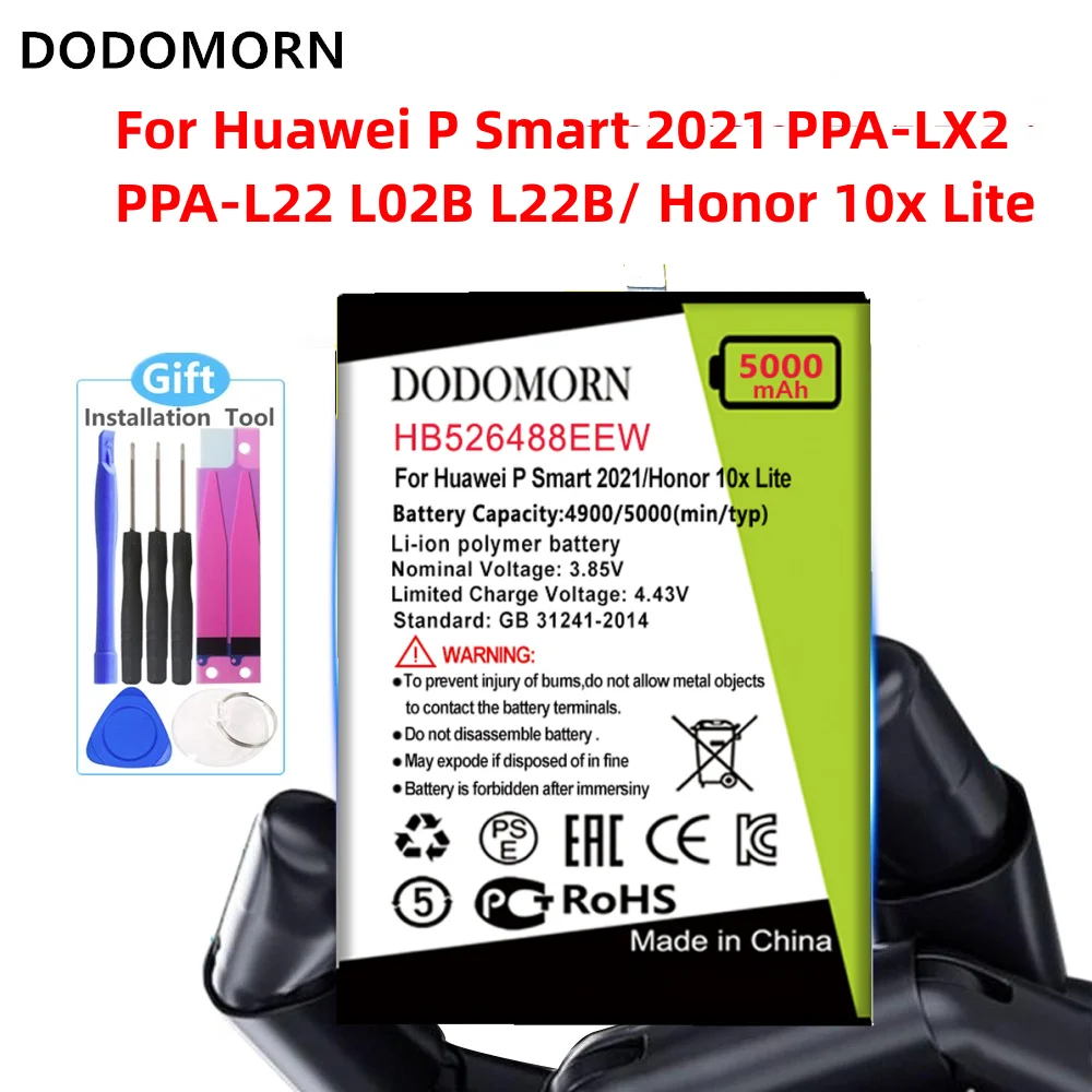 

Аккумулятор DODOMORN HB526488EEW для Huawei P Smart 2021 детской модели L02B L22B/ Honor 10x Lite телефон + номер отслеживания