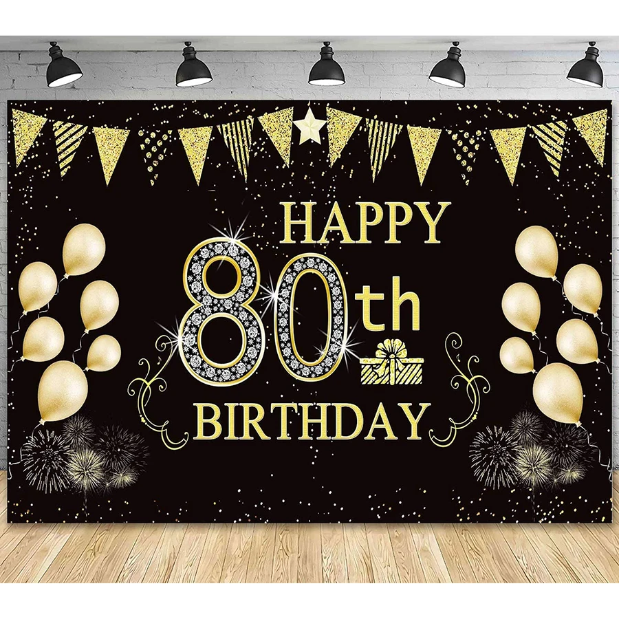 

Happy 80th Birthday Backdrop Background Banner for 80th Anniversary 80th Birthday Black Gold Diamond Balloon Party Decorations