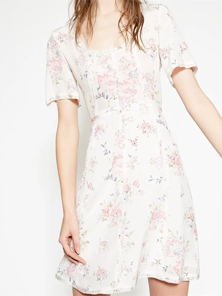 

Women's Zipper Sweet Dress Floral Print 100% Silk A-line Short Sleeve High Waist Spring Summer Mini Robe for Ladies