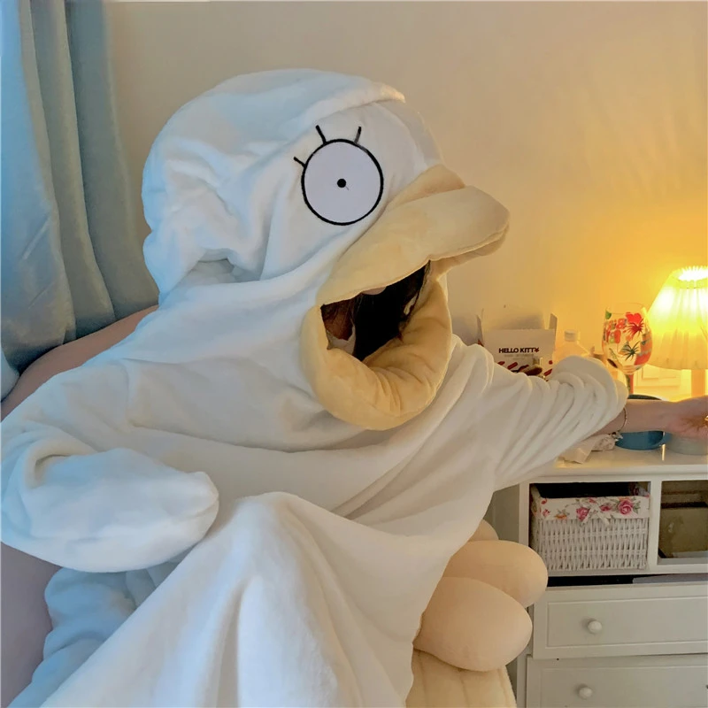 Women's Cute Duck Pajamas With Duck Shoes Autumn Winter Kawaii Home Sleeping Dress Oversize Sweet Fuzzy Homewear 2022