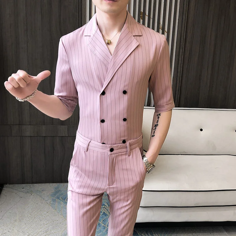 

Short Sleeve Stripe And Pant Slim Fit Cuban Collar Shirt Pink White Double Breasted Summer 2 Pieces Outfit Matching Set