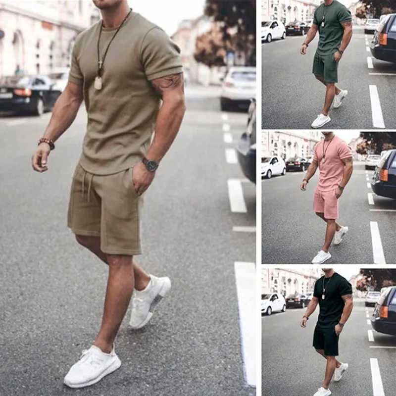 OEIN Men's Tracksuit 2 Piece Sets Summer Solid Sport Hawaiian Suit Short Sleeve T Shirt and Shorts Casual Fashion Man Clothing