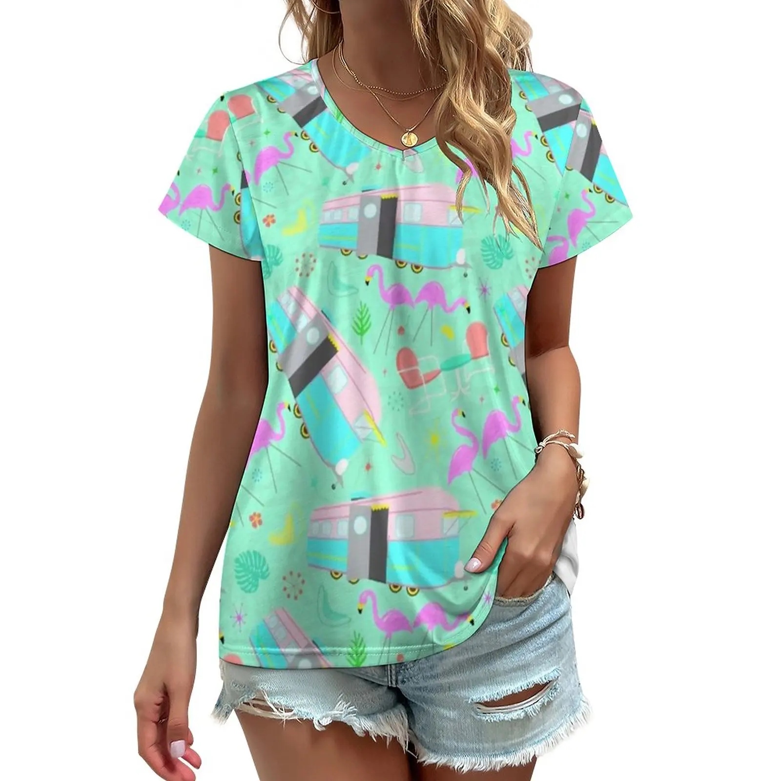 

Vacation Beach T Shirt Mid Century Retro Yard Flamingos Trendy V Neck T-Shirts Streetwear Tshirt Beach Graphic Tops 3XL 4XL 5XL