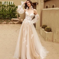 jeheth off shoulder tulle wedding dresses puff long sleeves lace appliques tulle a line bridal gowns sweep train robe de mari%c3%a9e