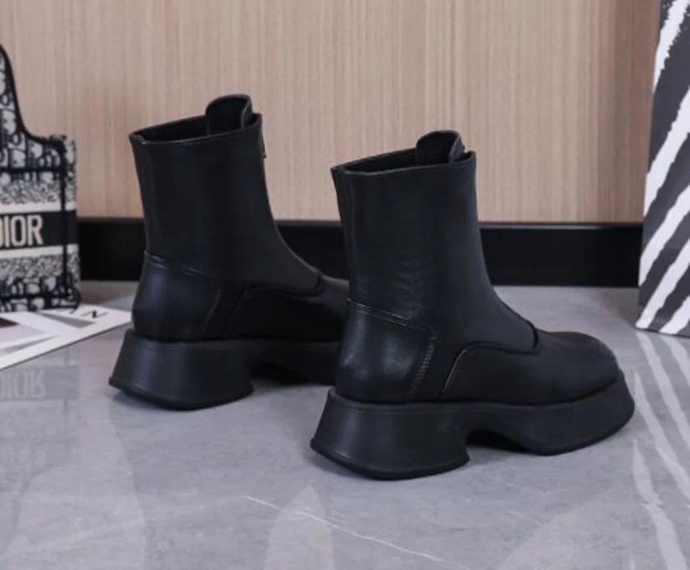 Women's Chelsea Boots Genuine Leather Fashion Fur Winter Boots Women Front Zipper British Style Women's Short Boots