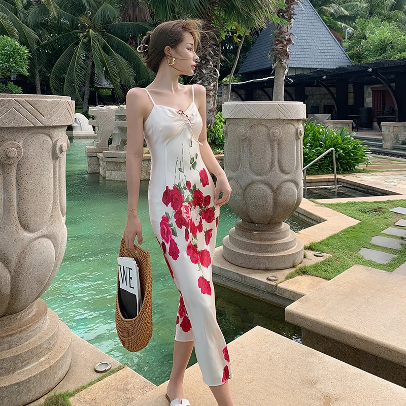 NEW Women Long Satin Slip Dress Summer 2022 Runway Slim Korean Backless Wrap Floral Sundress for Birthday Beach Vacation Party
