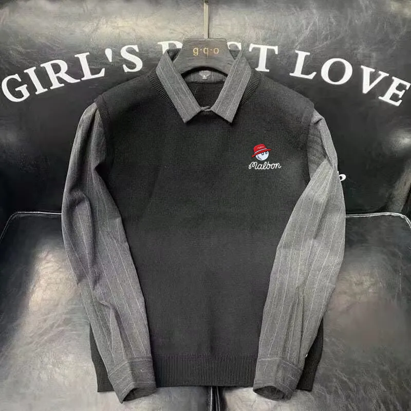 Malbon Golf Shirts Men's Golf Clothing Autumn Winter False 2 Pieces Sweater Golf Vest Golf Clothes Men's Golf Knitted Sweater