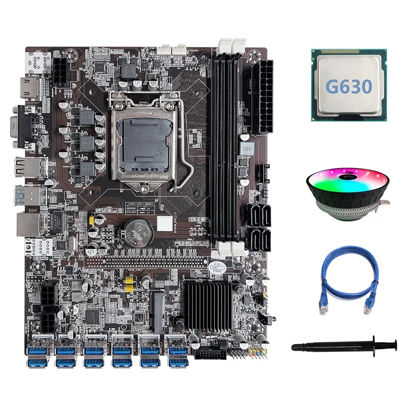 

B75 ETH Mining Motherboard 12 PCIE To USB Motherboard +G630 CPU+RGB Cooling Fan+Thermal Grease+RJ45 Network Cable