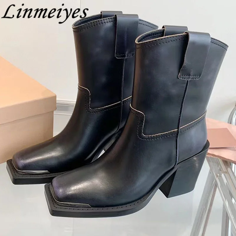 

Hot Sales High Heel Short Boots Women Fashion Metal Square Toe Mid-Calf Boots Female Hot Sale Genuine Leather Modern Boots Women