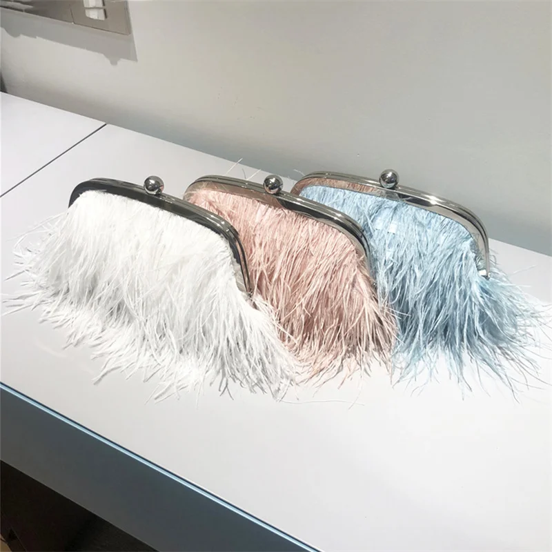 Women's New Fur Luxury Feather Pearl Chain Advanced Portable Diagonal Bag Large Capacity Temperament Women's Luxury Fur Bag