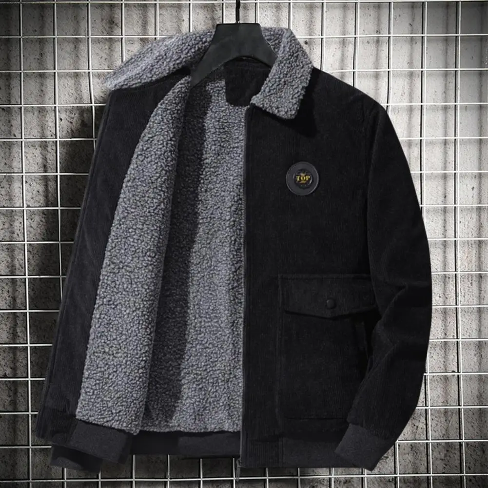 

Men Cargo Jacket Solid Color Plush Lining Coldproof Autumn Winter Turndown Collar Zipper Corduroy Coat Streetwear