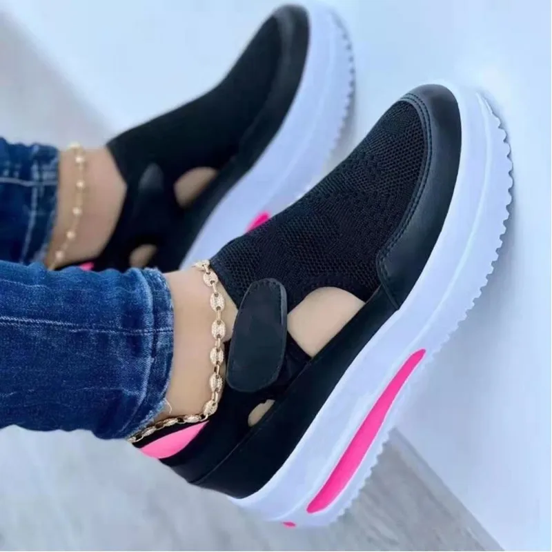 2022 spring and summer new  large size flying woven breathable casual women's shoes wedge heel Velcro low-top single