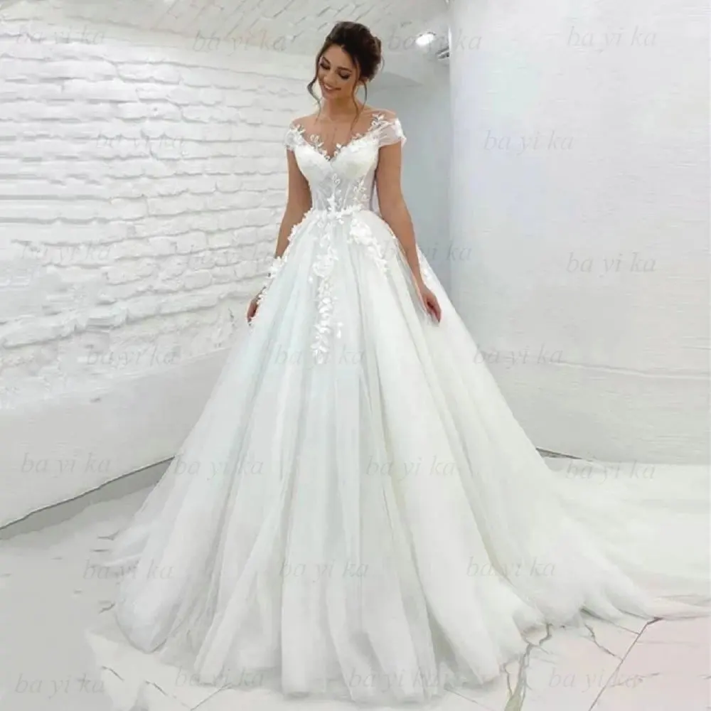 

Illusion Tulle V-Neck Wedding Dress Boho Lace Appliques Button Royal Train Bride Gown Vestido De Novia Princess свадебное платье