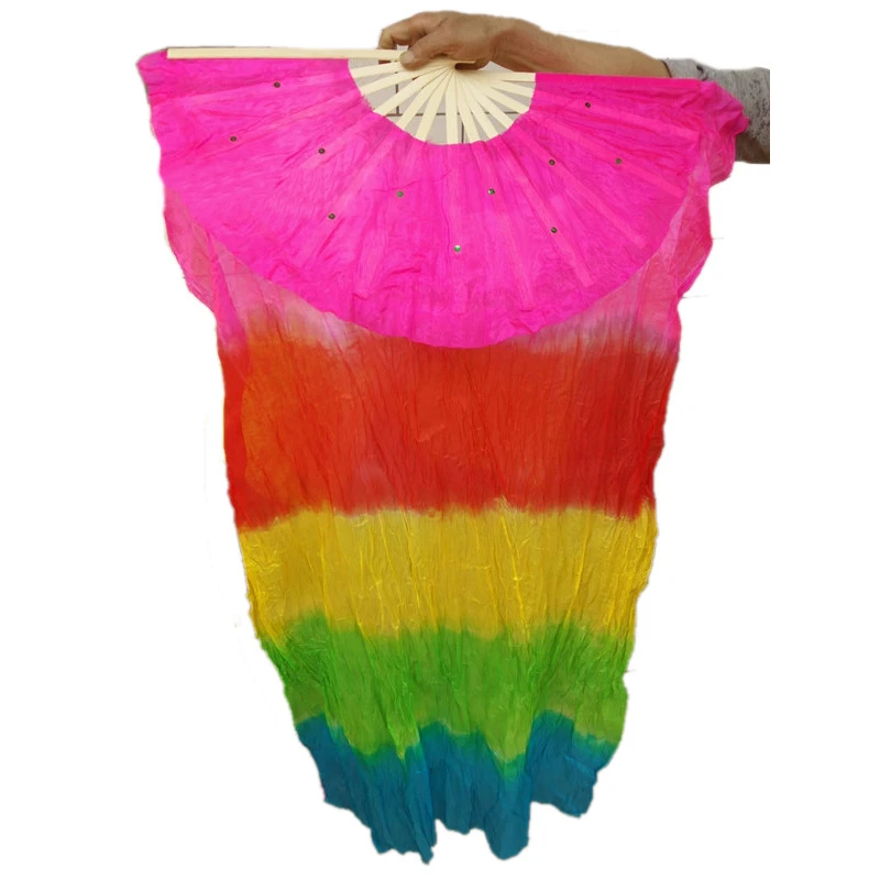 

Silk Belly Dance Veil Fans Bamboo Ribs Handmade Dyed Performance Dancing Colorful Foldable Long Fan Fan Home Decoration Craft