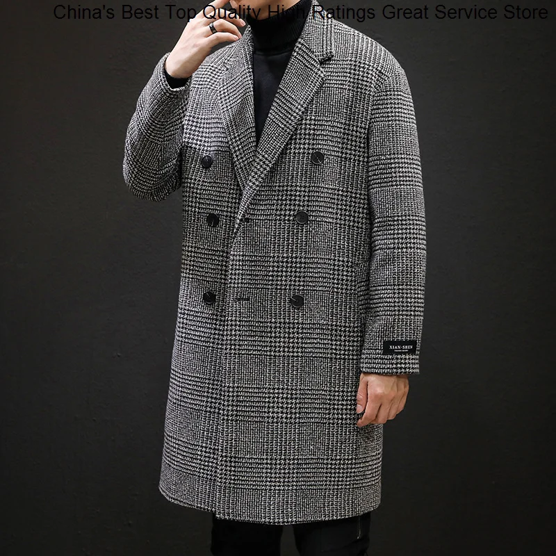 

Mens Lattice Windbreaker Double Breasted Overcoat Houndstooth For Men Woollen Coat 2023 Plaid Wool Trench Man Jacket Winter Long