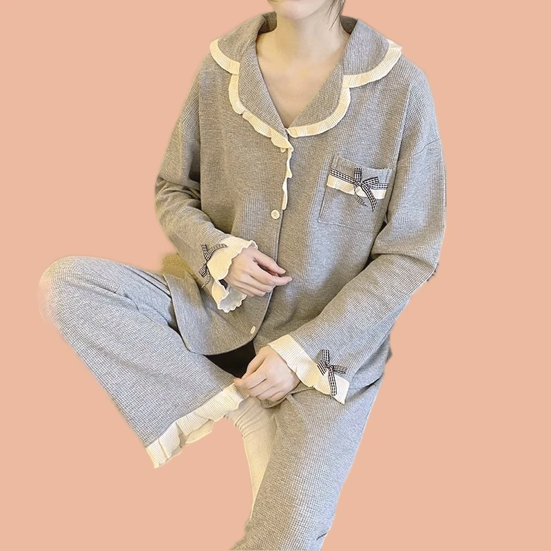 Women's Pajamas Set Sexy Bow Sleepwear Casual Pyjama Big Size Cozy Sweet Princess Cute Spring Homewear Full Sleeve Shirt