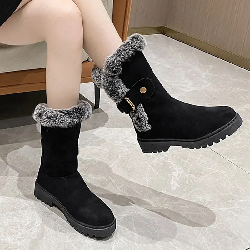 

Women Flats Platform Plush Cotton Chelsea Mid Calf Boots 2022 Winter New Designer Suede Casual Shoes Ladies Snow Fur Warm Botas