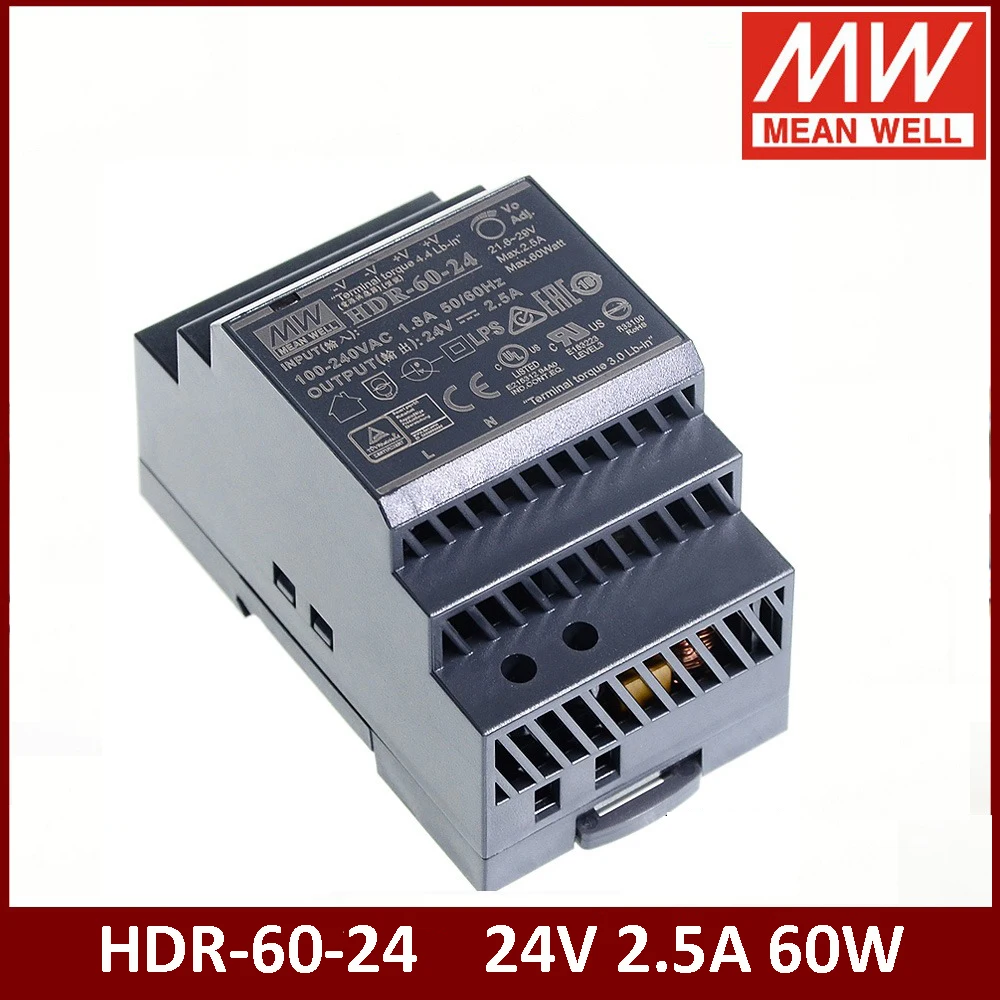 Подлинный MEAN WELL HDR-60-24 85-В переменного тока в постоянный ток 24 в 2,5 А 60 Вт Meanwell с одним выходом, импульсный источник питания на DIN-рейке