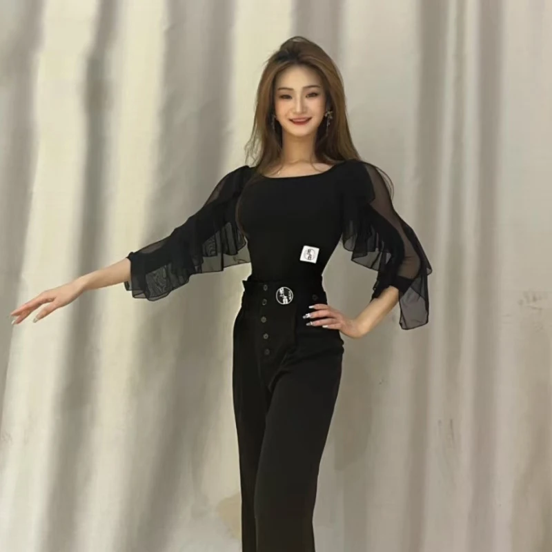 

New Lotus Leaf Sleeves Latin Dance Top Women Black Modern Dancing Tops Latin Cha cha Rumba Samba Dance Practice Wear SL7901