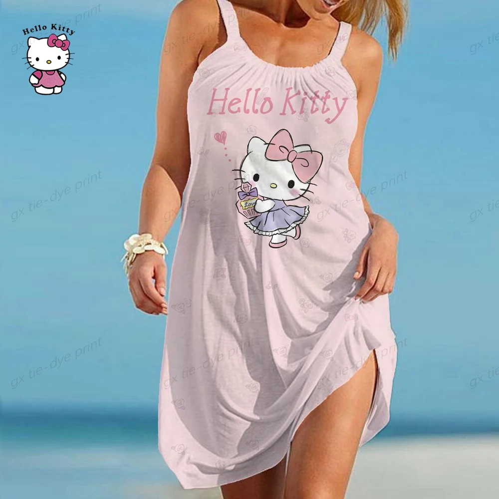 

Женское платье с принтом Hello Kitty, новое винтажное платье без рукавов с круглым вырезом, корейская мода, весеннее Элегантное повседневное платье, 2023