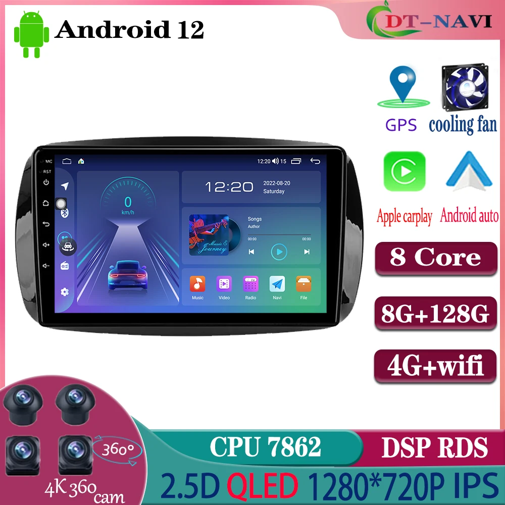 

Автомагнитола на Android 12, мультимедийный плеер для Mercedes Benz Smart Fortwo 3 C453 A453 W453 2014-2020, навигация GPS Carplay Auto