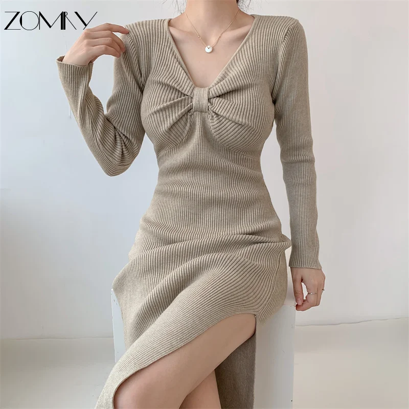 

Женское трикотажное платье-свитер ZOMRY, винтажное облегающее платье в Корейском стиле с V-образным вырезом и длинным рукавом, Осень-зима 2023
