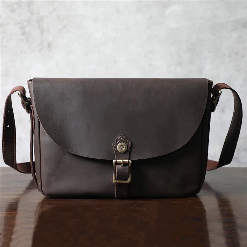 Fashion retro top crazy horse cowhide men's coffee messenger bag everyday outdoor youth mobile phone storage single shoulder bag