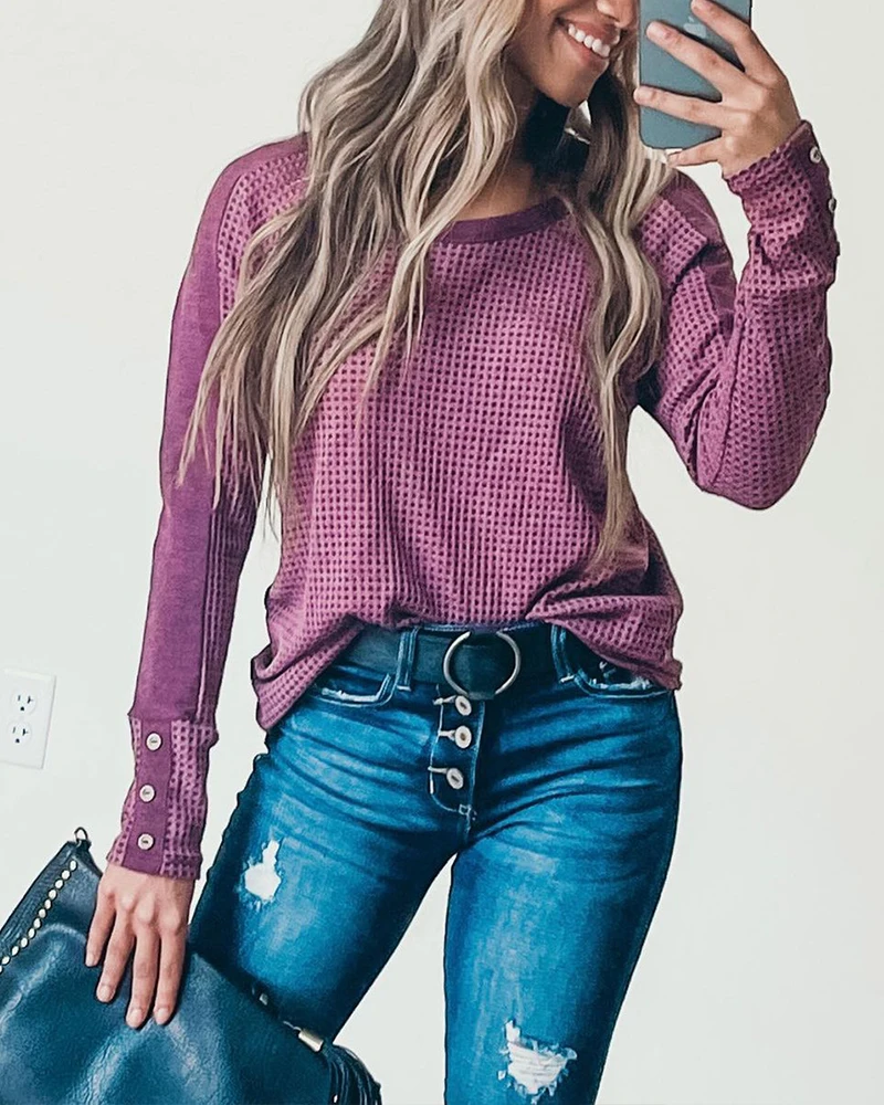 

Women T-shirt Top Loose Casual Home Daily Spring and Autumn Round Neck Stitching Pullover Purple Waffle Long-sleeved T-shirt Top
