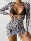 Сексуальный комплект бикини из трех предметов, Женская сетчатая накидка с леопардовым принтом и длинным рукавом, купальник, пляжный купальный костюм, купальник, бикини