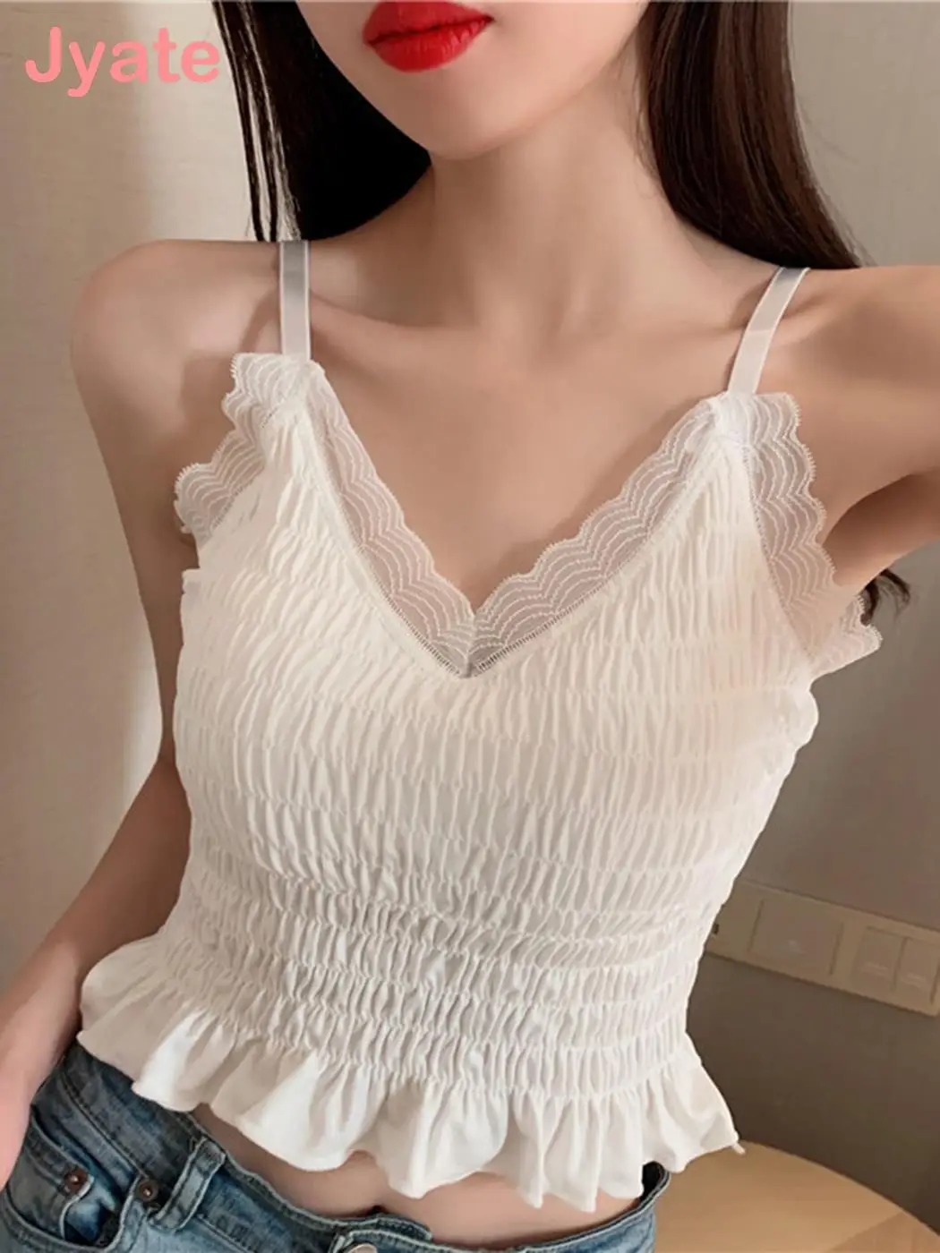 

Jyate Lace Pleated Camisole Women's Bottoming Crop Top Pleated with Chest Pad Beauty Back Wrap Chest Female Tank Top 2022 Summer