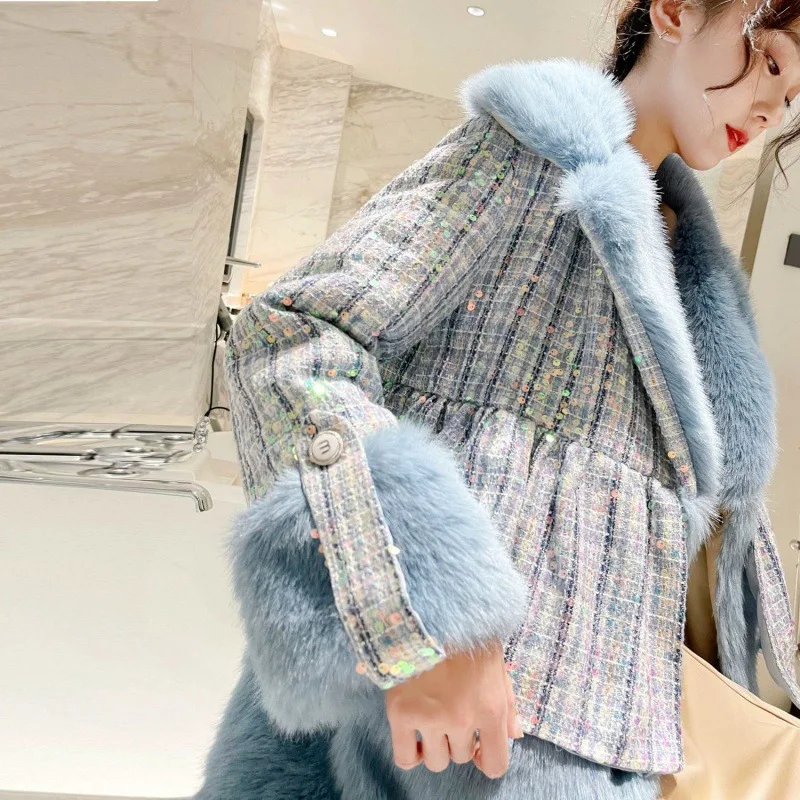 Faux Fur Coat Women 2022 Winter Patchwork Sequins Long Tweed Jackets Female Casual Elegant Loose Turn Down Collar Blue Outwear