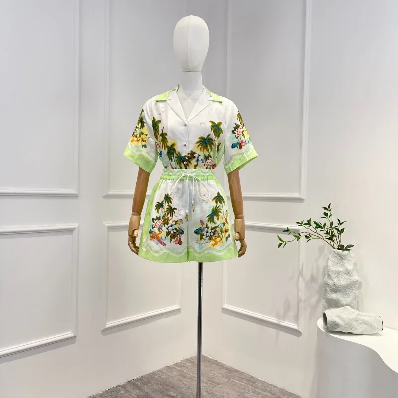 

2023 Summer Latest Top Quality White Sea Beach Coconut Trees Printed Short Sleeve Blouse and Shorts Set