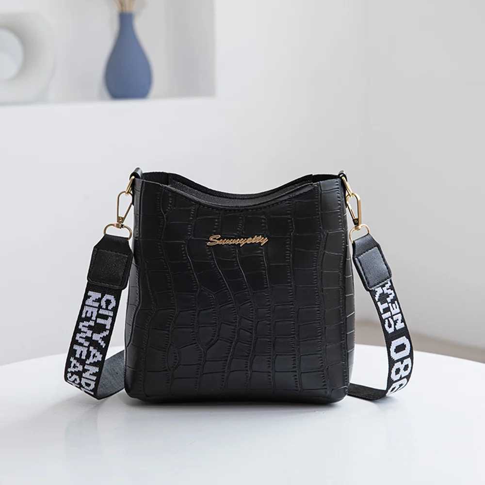 Women Crossbody Shoulder Bag With Letter Shoulder Strap Mini Bucket Handbag Female Messenger Bags For Women Lady Crocodile Purse