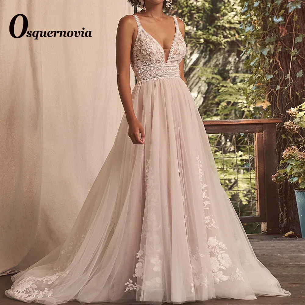 

Osquernovia Bohemia Wedding Dress Sleeveless V-neck Lace Appliques Backless A-line 2023 Sweep Train Vestido De Noiva Customized