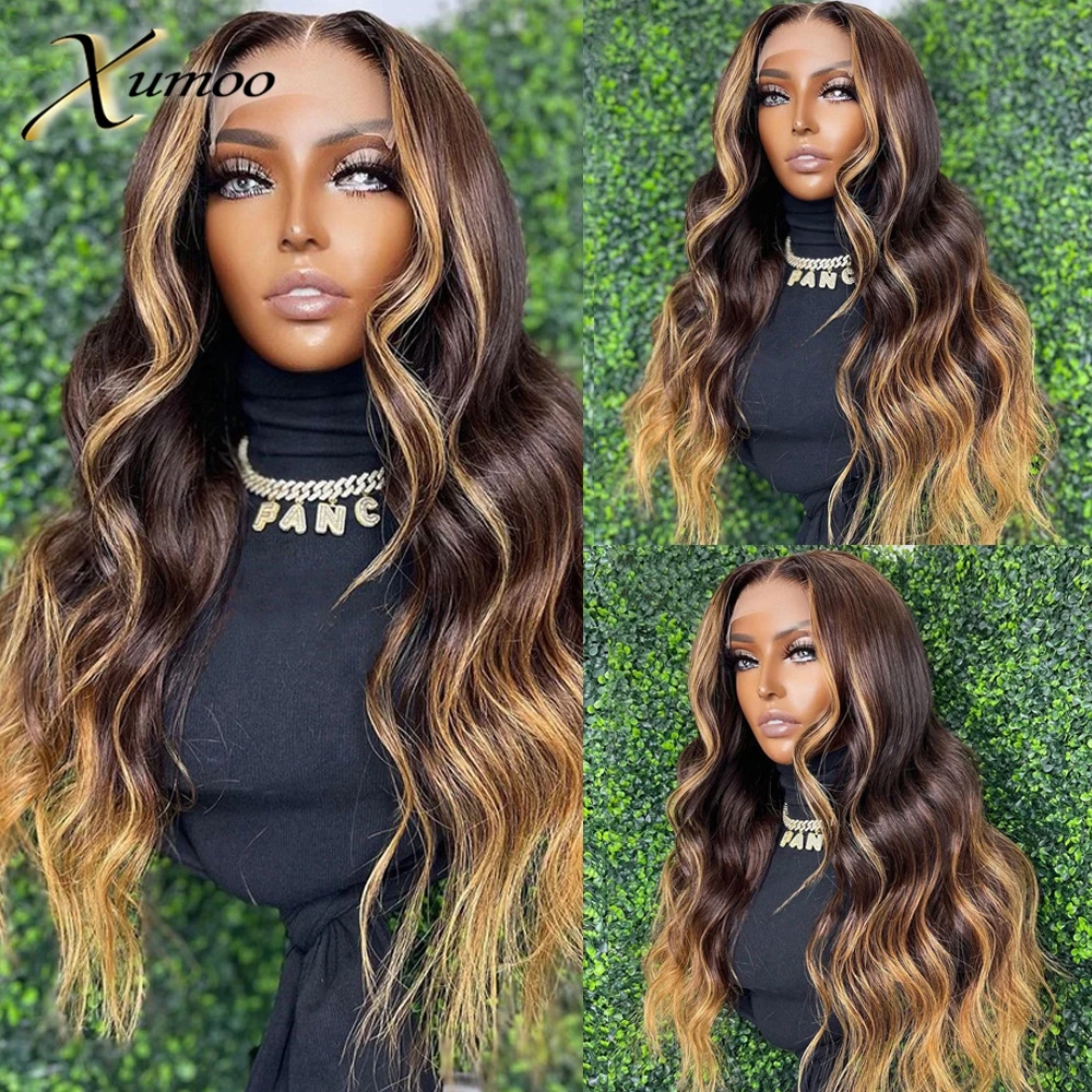 XUMOO Ombre Blonde 13×4 Lace Front Wigs Brown Color For Women Pre-Plucked Transparent Lace Peruvian Body Wave Human Hair Wig