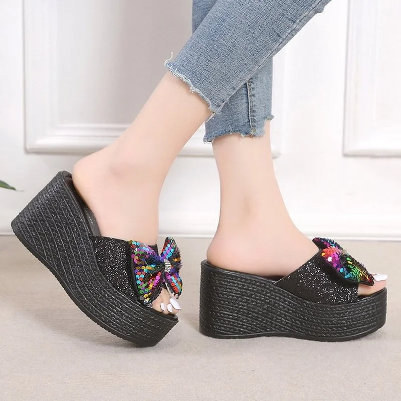 2022 New Plus Size Slippers Women's Fashion Sequin High Heel Sandals Sexy Platform Shoes Slippers Women Luxury Sandals