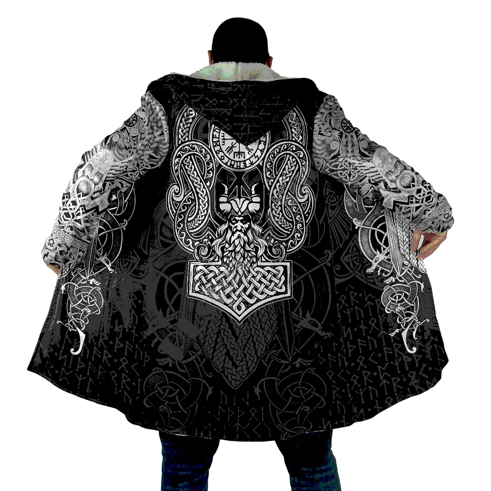 Viking Hammer With Viking Warrior Black Hooded Coat 3D Printed Winter Hooded Cloaks Fleece Wind Breaker Unisex Warm Overcoat